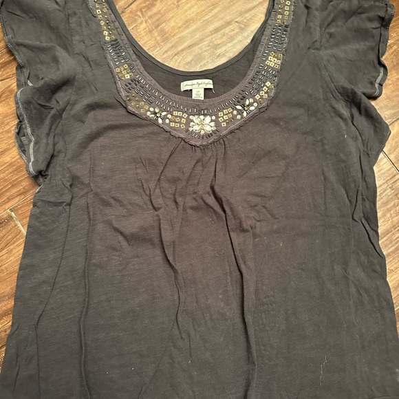 American Eagle Outfitters Gray Flutter Sleeve Embellished Blouse - Picture 1 of 3